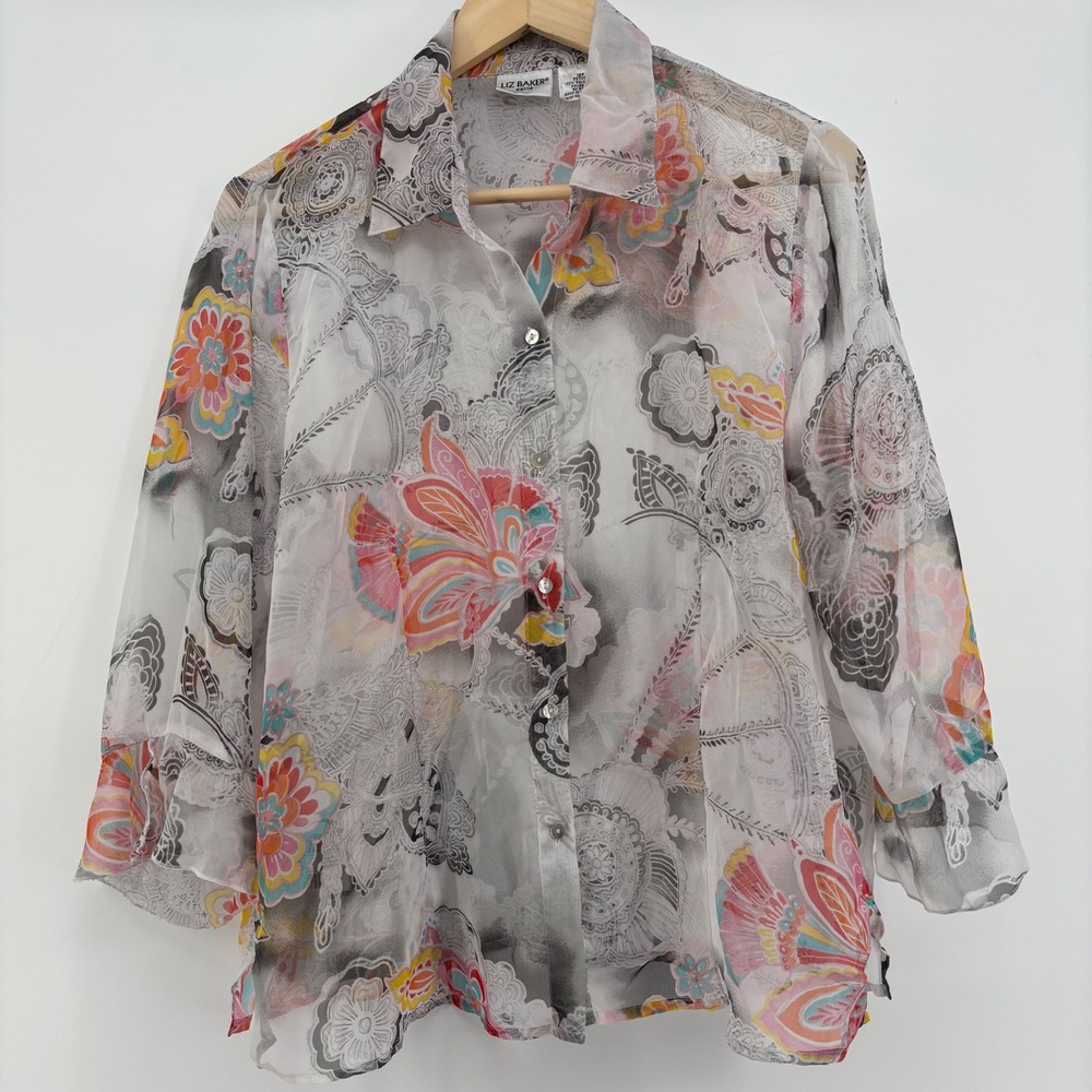 Liz Baker Women Button Up 16P Multi Sheer Floral Paisley Blouse Coastal Grandma